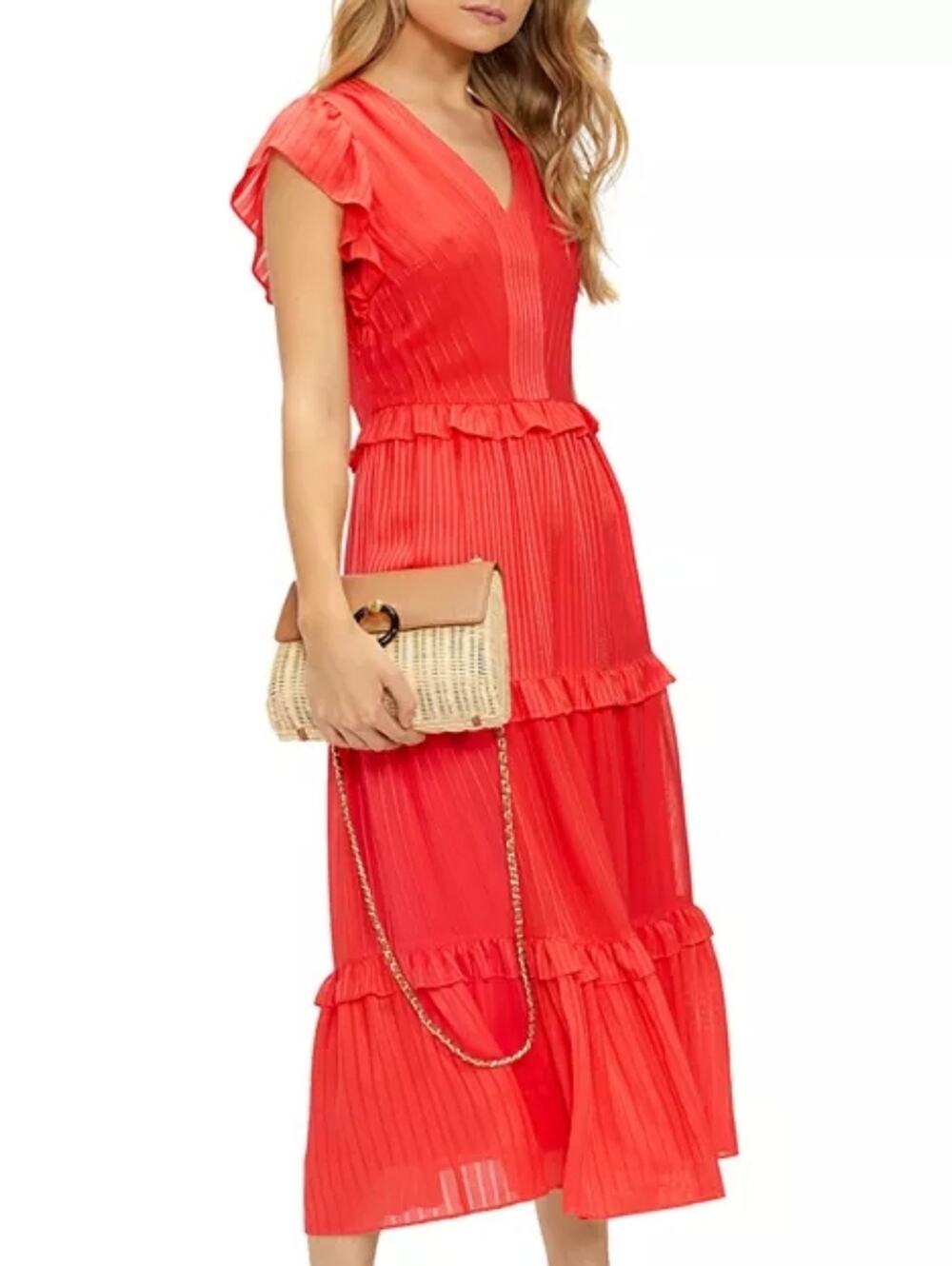 TED BAKER Ruffled Tiered Midi Dress Pink Red Size 2